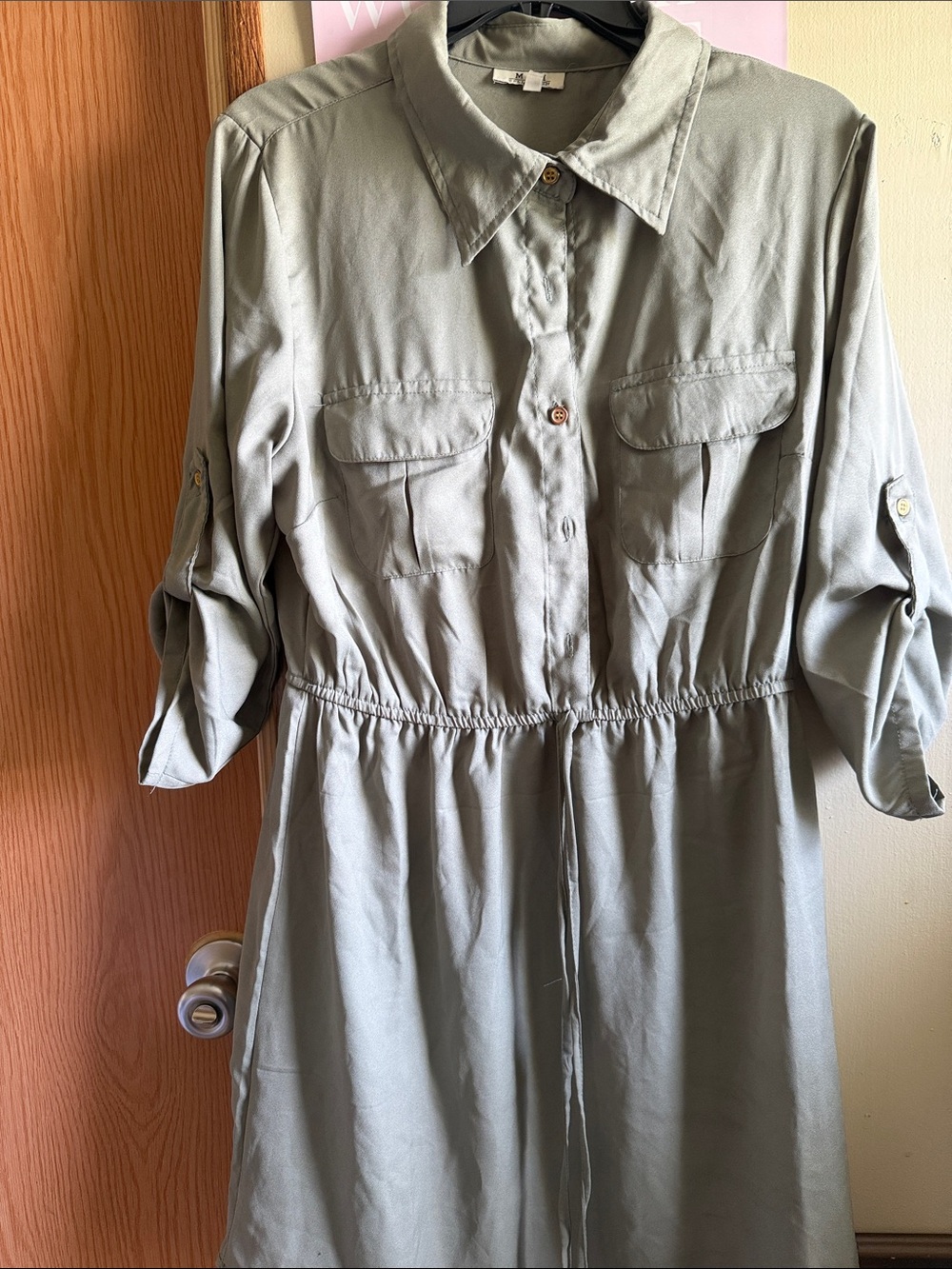Olive Green Midi Shirt Dress with Drawstring Waist